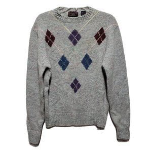 Vintage Hunting Horn Shetland Wool Intarsia Sweater Mens M Crew Neck Argyle Gray